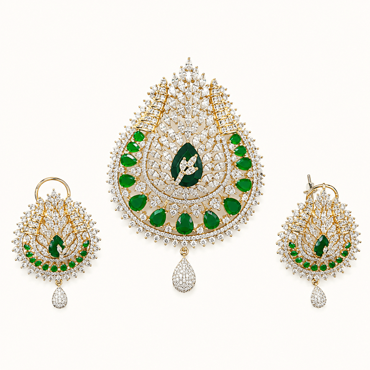 Royal Emerald Green CZ Pendant Set for Women | Rhodium Plated American Diamond Pendant with Earrings